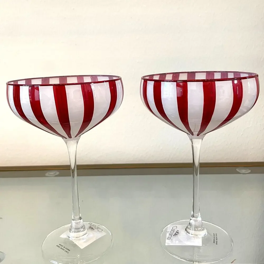 Cabana Red Striped Coupe Glasses 8oz Set of 2 NEW